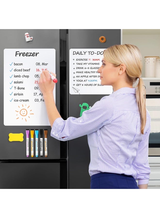 This 4-piece magnetic refrigerator whiteboard set features stain-resistant technology, includes 6 markers and 1 eraser, and measures 12 x 8 inches. - Image 5